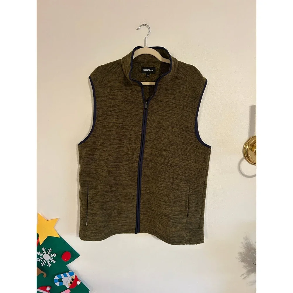 BONOBOS‎ Mens Fleece Vest Zip Front Pockets Navy Trim Olive Green Size L